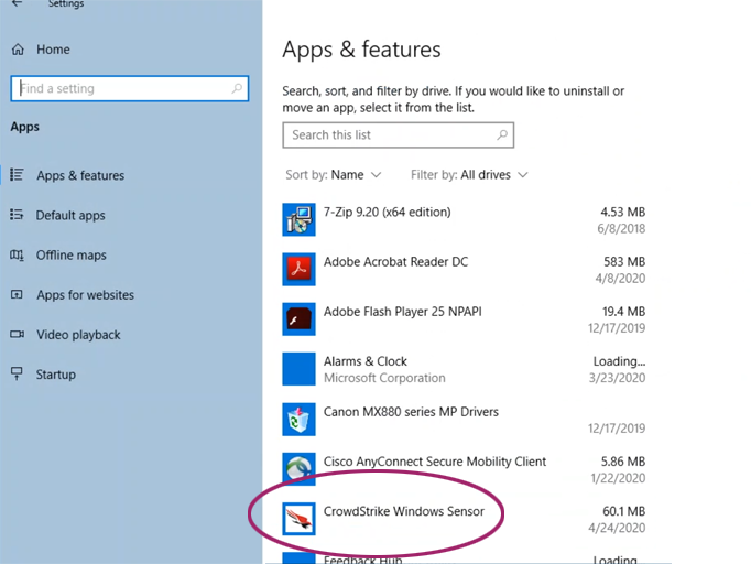 Crowdstrike in Windows Apps & features list