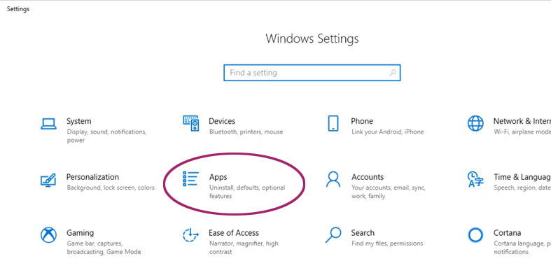 Apps link in Windows Settings