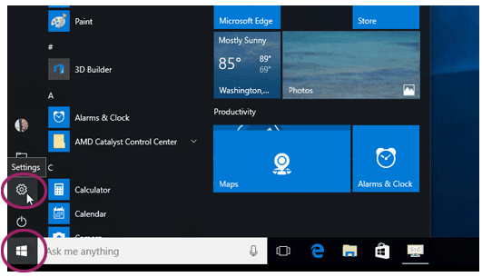 Windows Start button and Settings icon